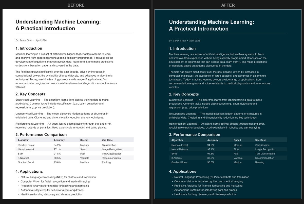 A white PDF on the left and the same document converted to the Solarized dark theme on the right