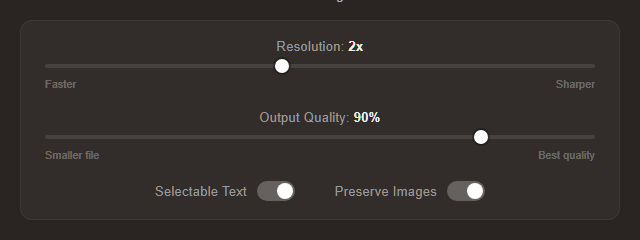 PDF Dark Mode Converter settings panel showing resolution and quality sliders