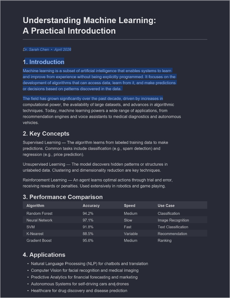 Dark mode PDF with text selected, showing the selectable text layer works after conversion