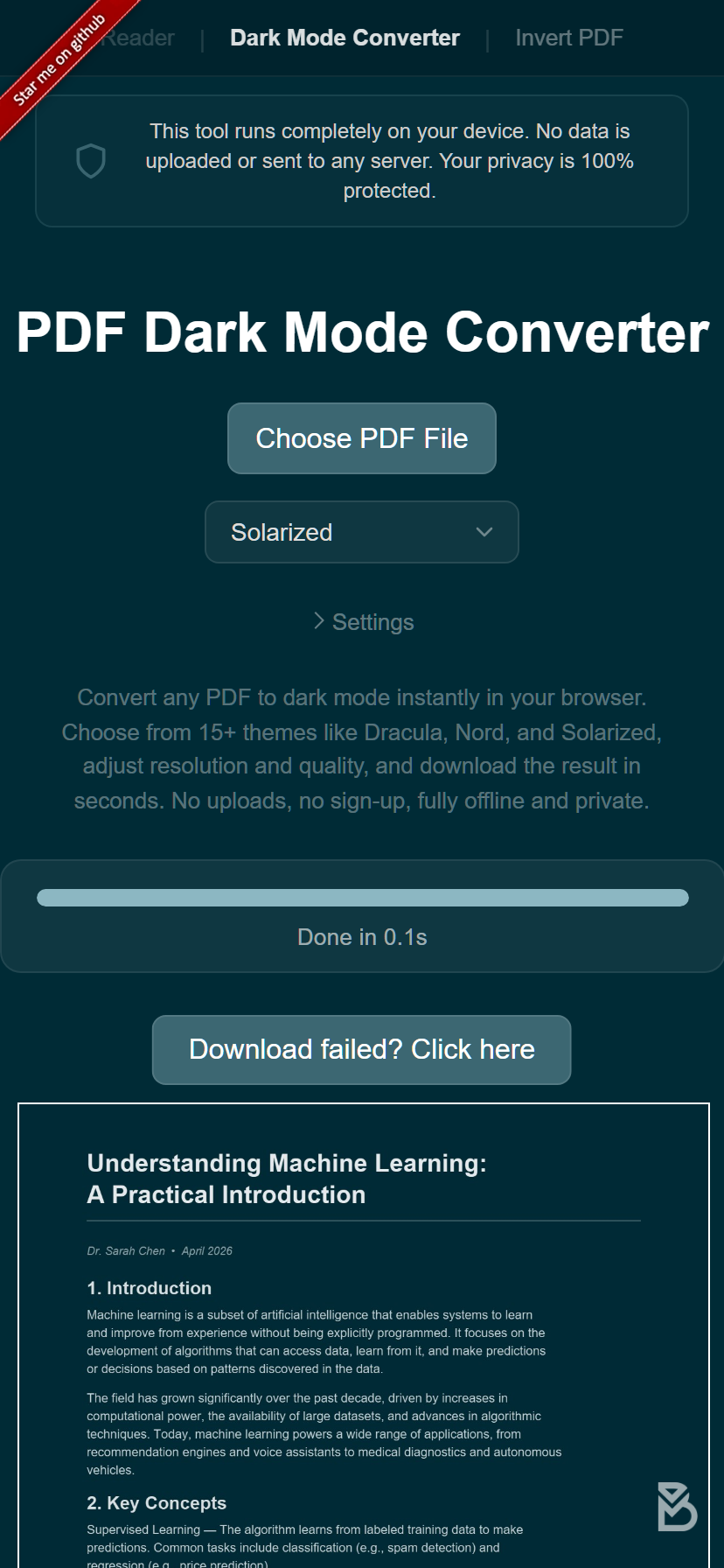 The PDF Dark Mode Converter running on a phone with a dark theme applied