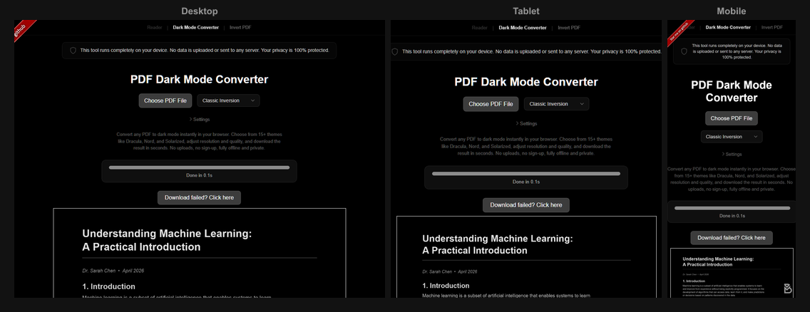 The same dark-mode PDF shown on a laptop, tablet, and phone